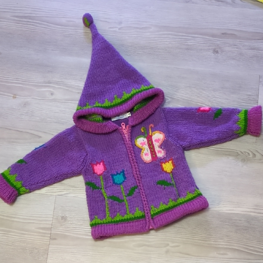 Toddler 2 Wool Jacket Purple Knitted Children's Hoodie with Butterfly Design